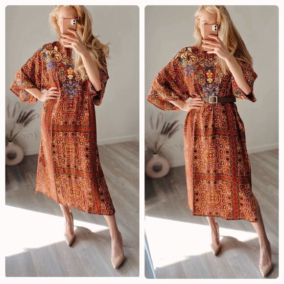 Zara Kaftan Dress Printed Embroidered Beaded New - Picture 3 of 5